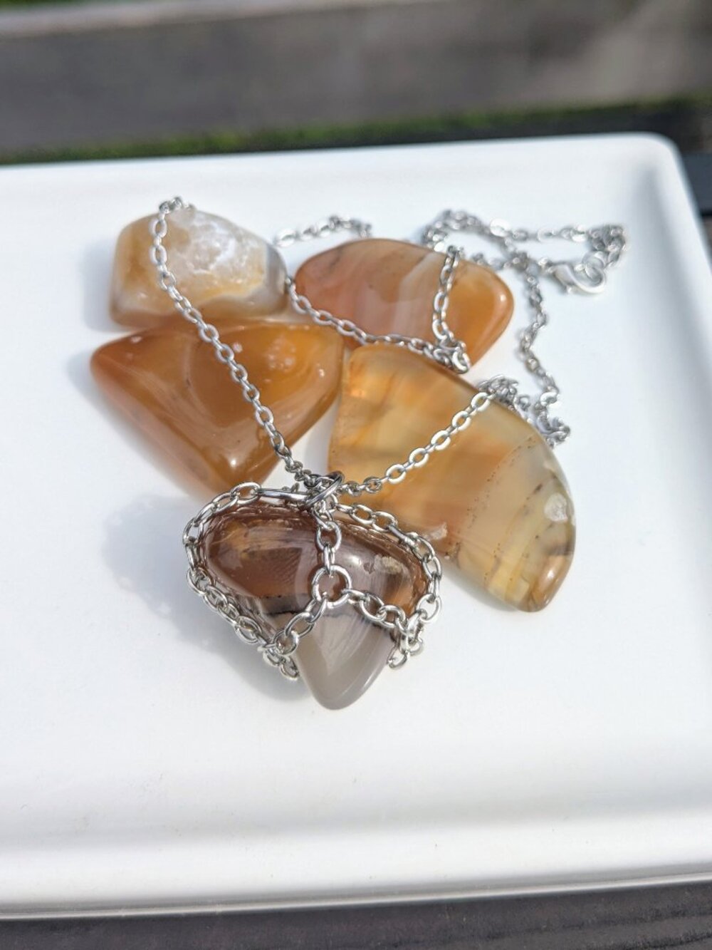 Honey Agate Silver Chain Cage Necklace